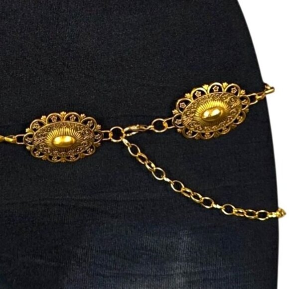 Leacoolkey Womens Gold Metal Waist Chain Belt Oval Filigree Design Adjustable Fi - Picture 4 of 7